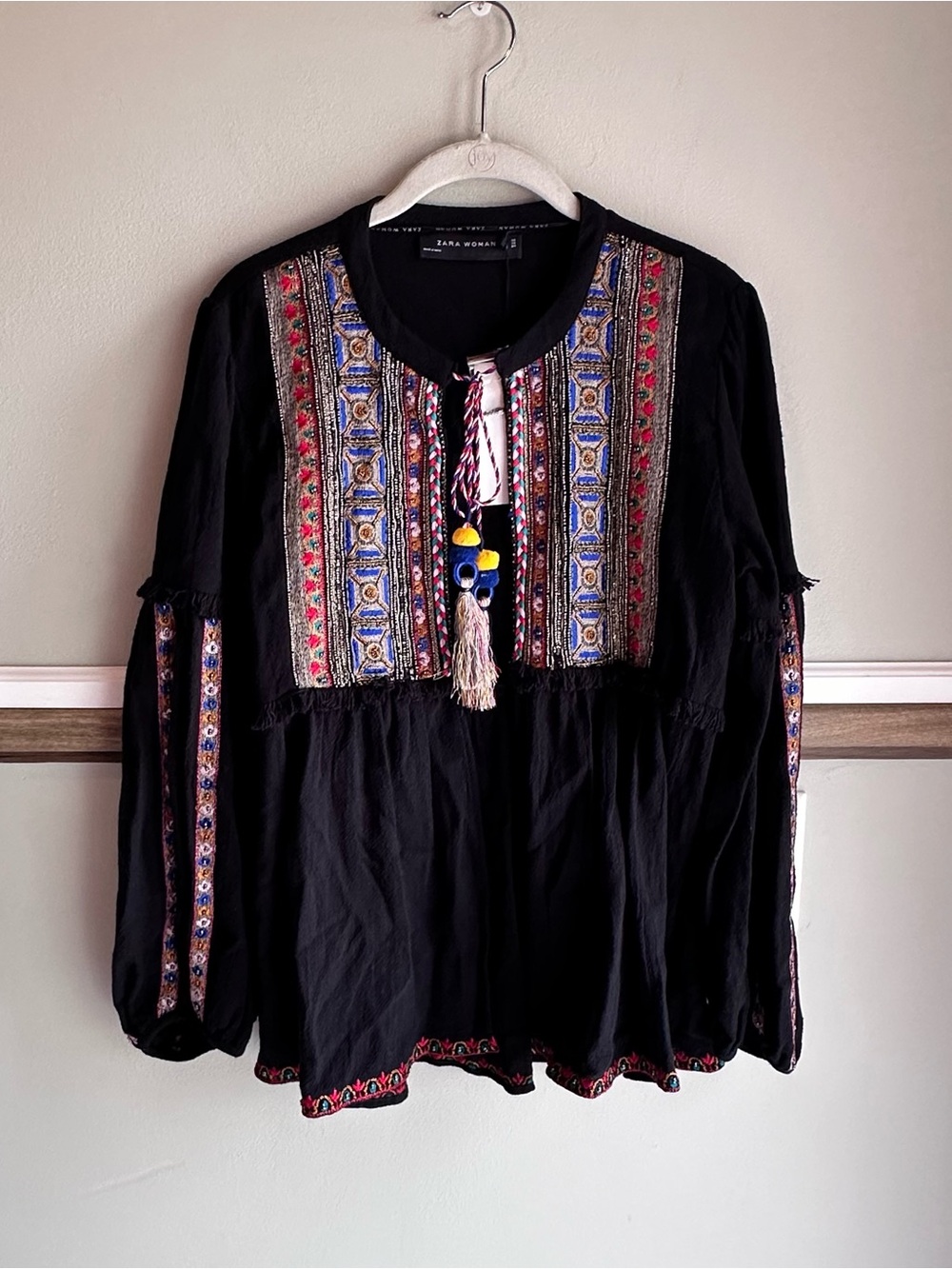 Zara Woman Embroidered beaded Boho Peasant Tassel Tie Top Black